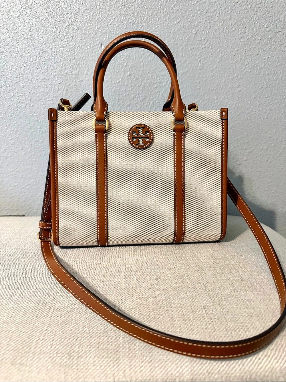 Tory Burch Ella Canvas Small Tote in Brown & Beige
